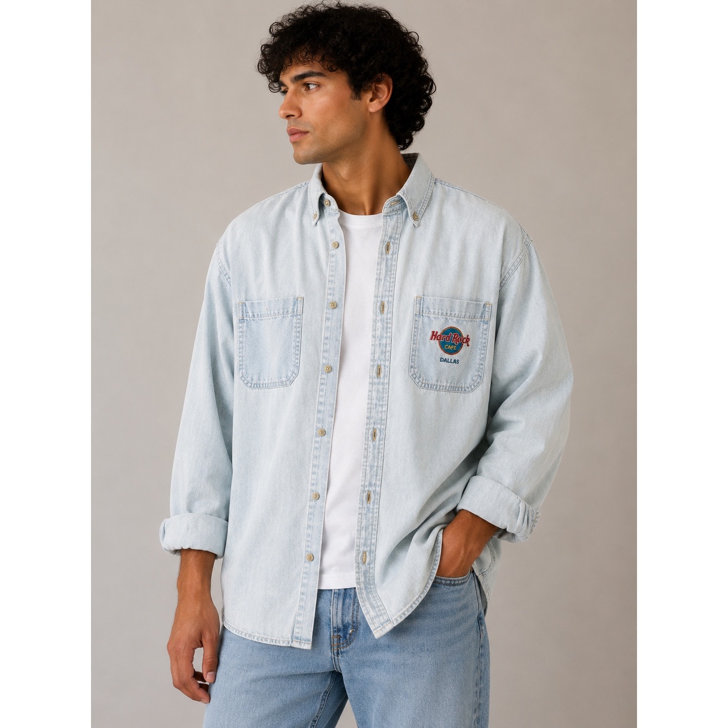 Vintage Hard Rock Cafe Dallas Light Wash Denim Shirt Mens Xl All Is One Logo |G1